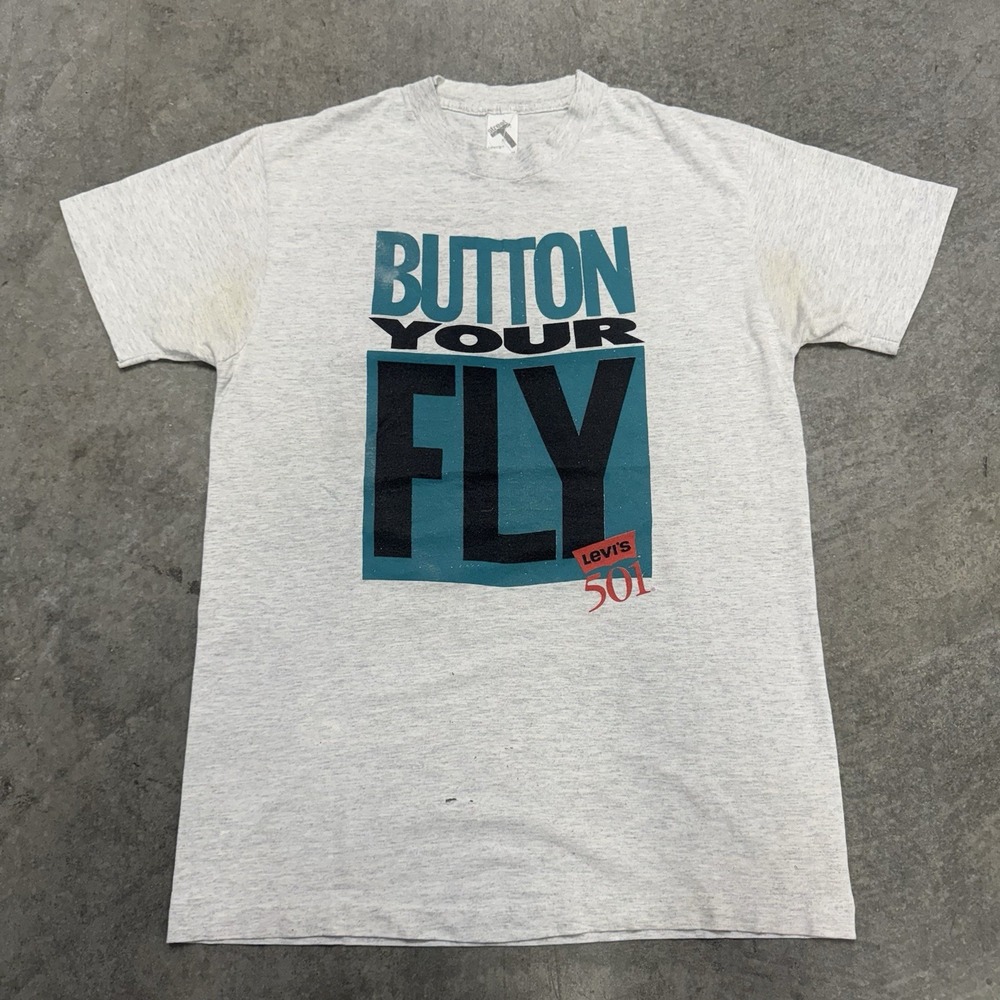 Vintage Levi's T-Shirt 501 Button Your Fly White Short Sleeve USA Men's Medium